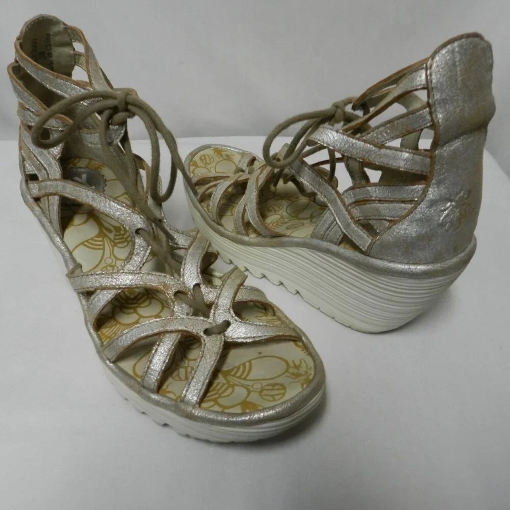 Fly London Yuke Leather Wedge Gladiator strappy sandals heels silver Size 38  8